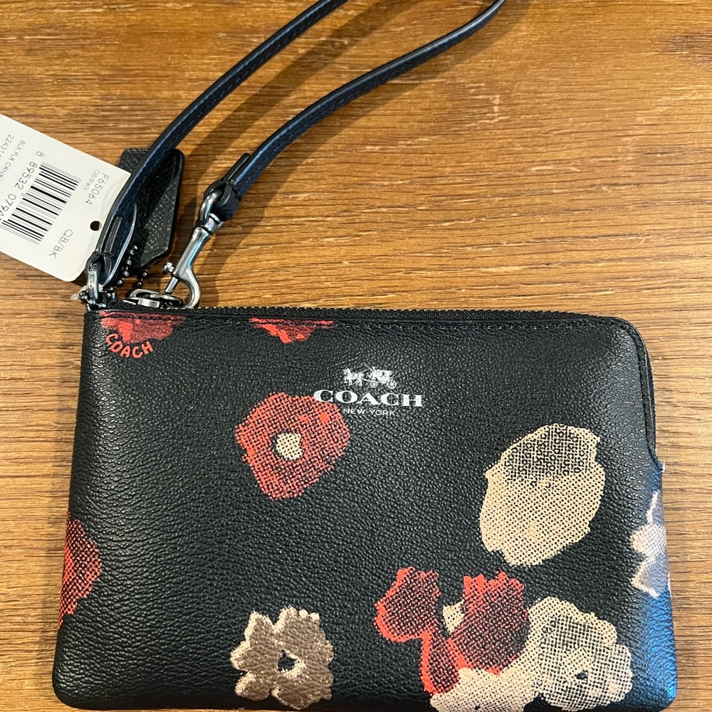 Coach Black and Red Floral Wristlet